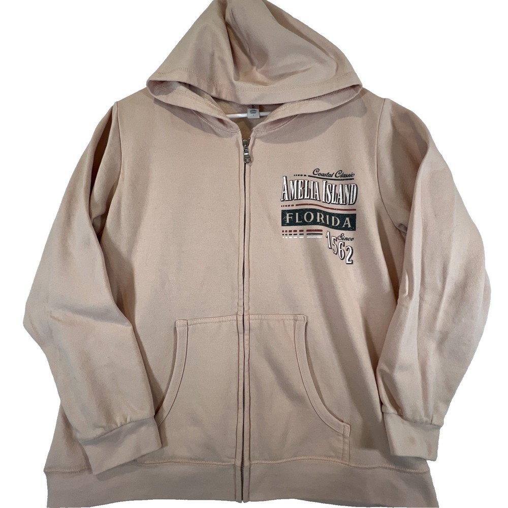 Full Zip Hoodie Jacket Amelia Island Florida Pink Sweatshirt Womens Size Large